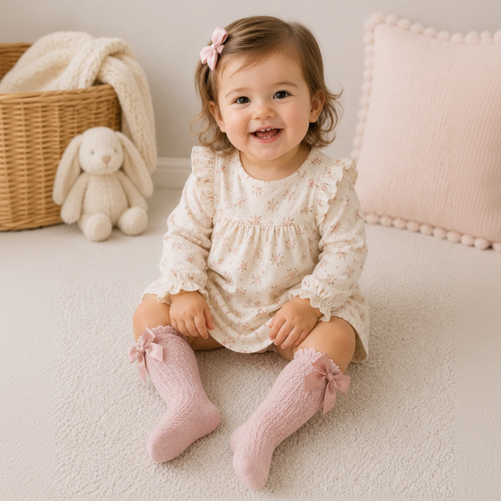 Child wearing dusty pink knee-high bow socks with a cream dress