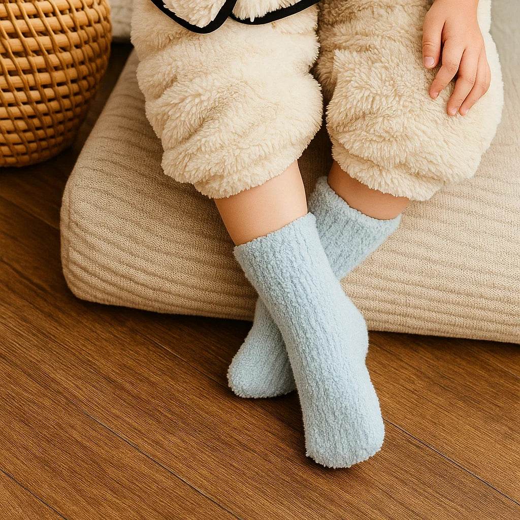 Child wearing light blue fleece socks while sitting on a floor cushion.