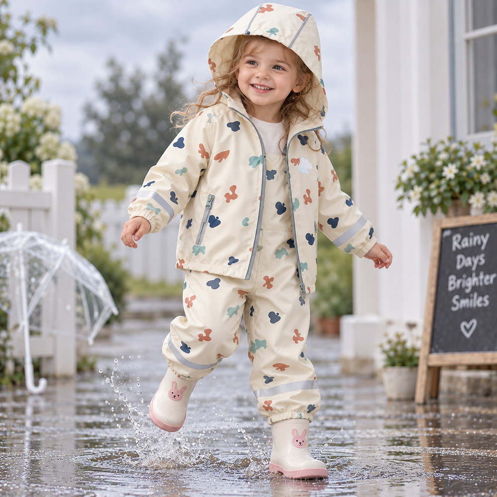 Child wearing the printed rain jacket and pants with pink rain boots on wet pavement.