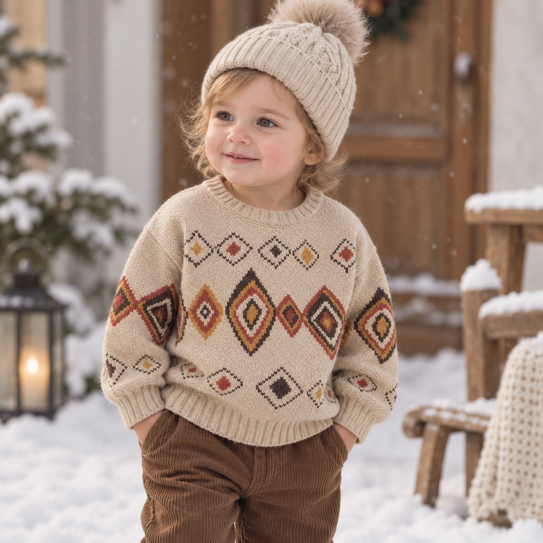 Child wearing a beige diamond-pattern sweater with brown pants and a knit hat outdoors