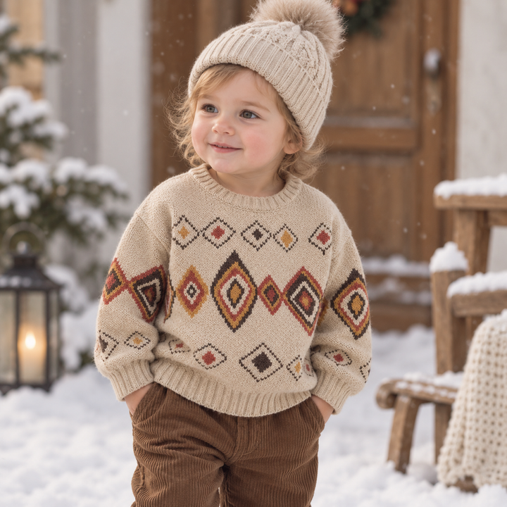 Child wearing a beige diamond-pattern sweater with brown pants and a knit hat outdoors