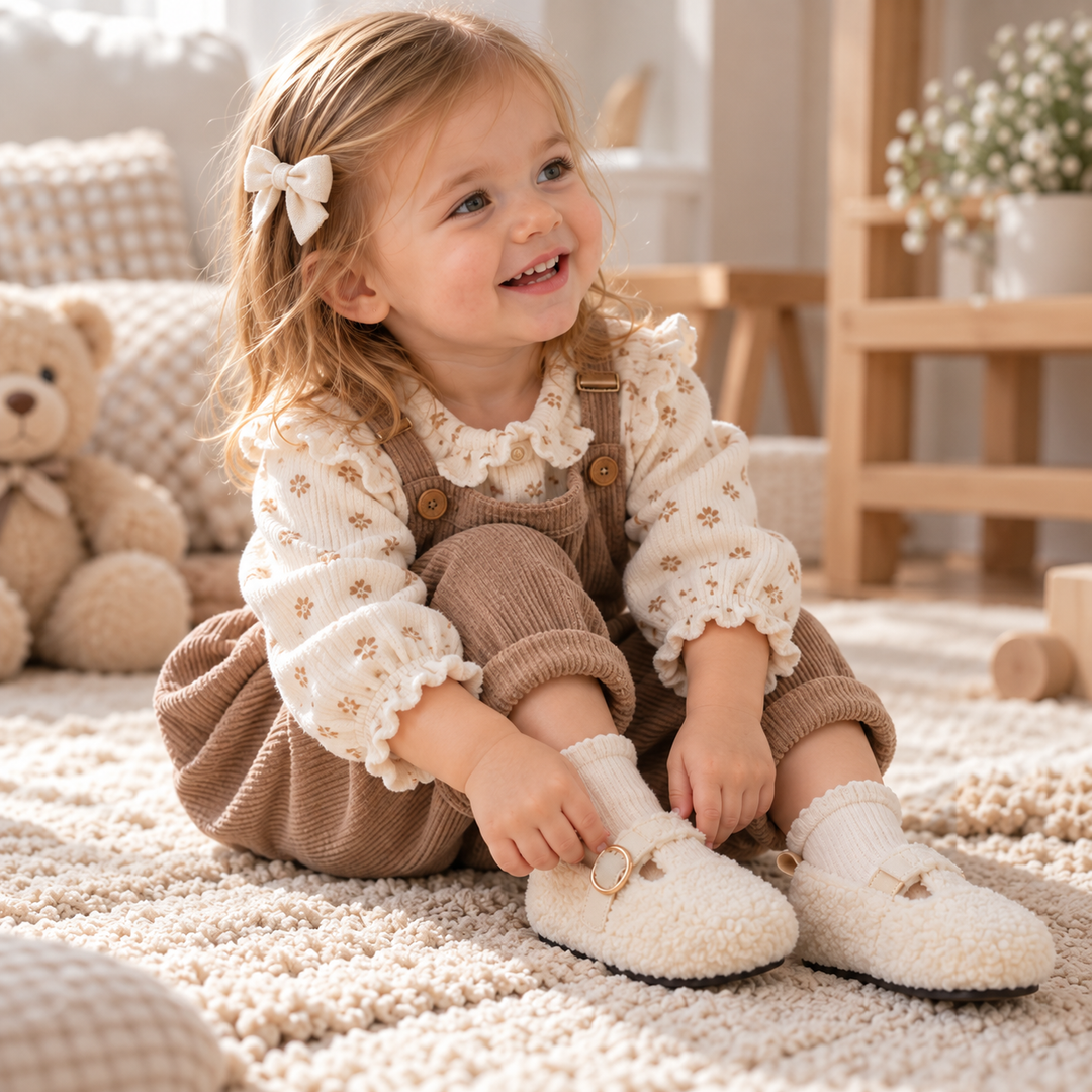 Child wearing white plush winter shoes while sitting on a rug