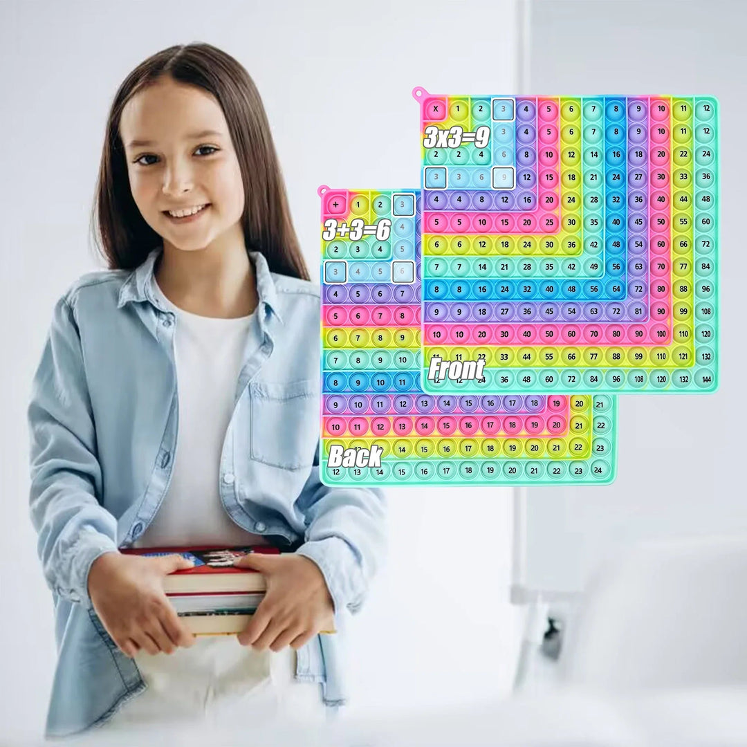 Child holding books beside front and back views of a light rainbow math fidget board