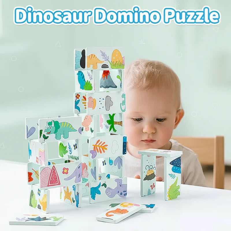 Child with dinosaur picture dominoes stacked into a tall structure on a table