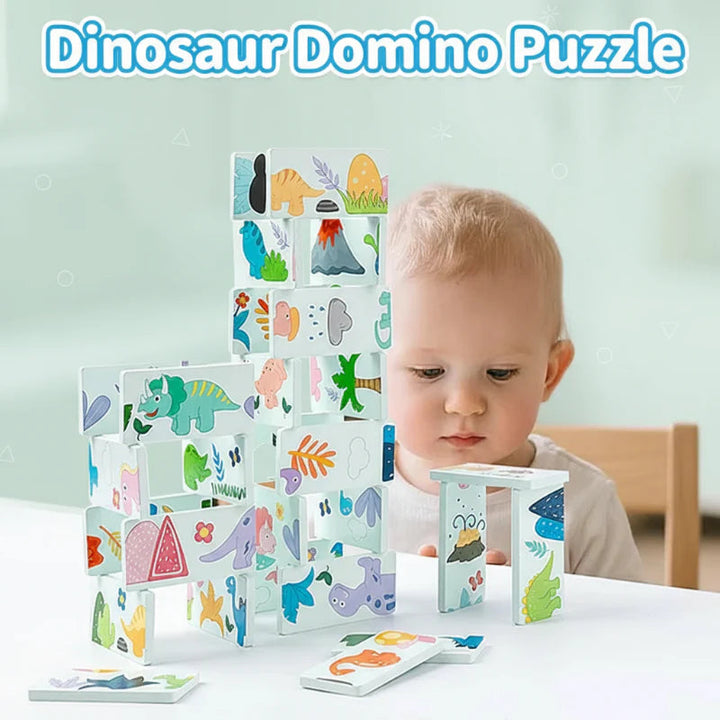 Child with dinosaur picture dominoes stacked into a tall structure on a table
