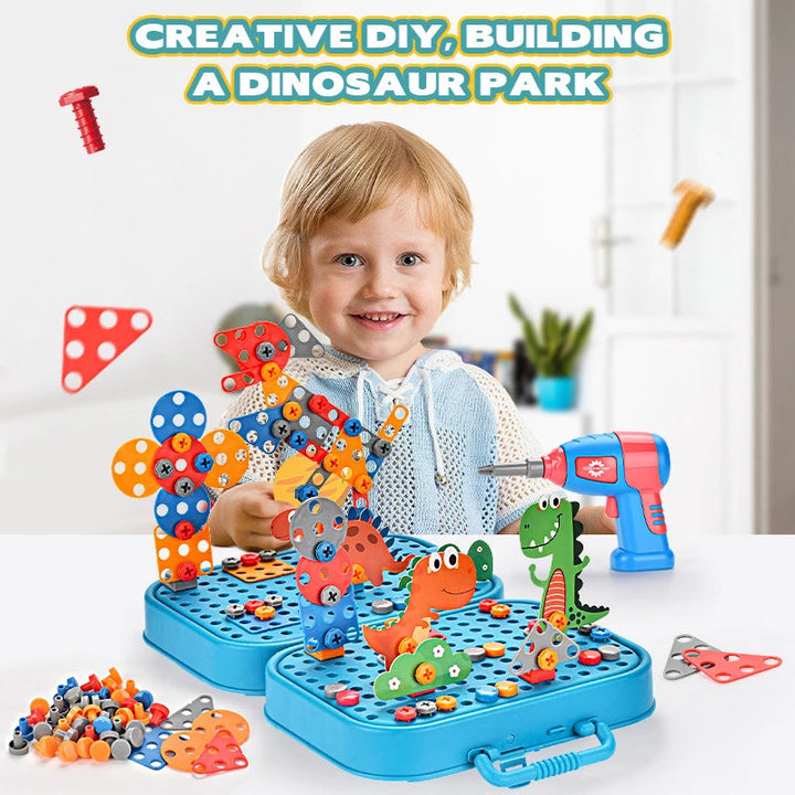 Child with upright figures and dinosaur builds on blue construction boards beside a toy drill