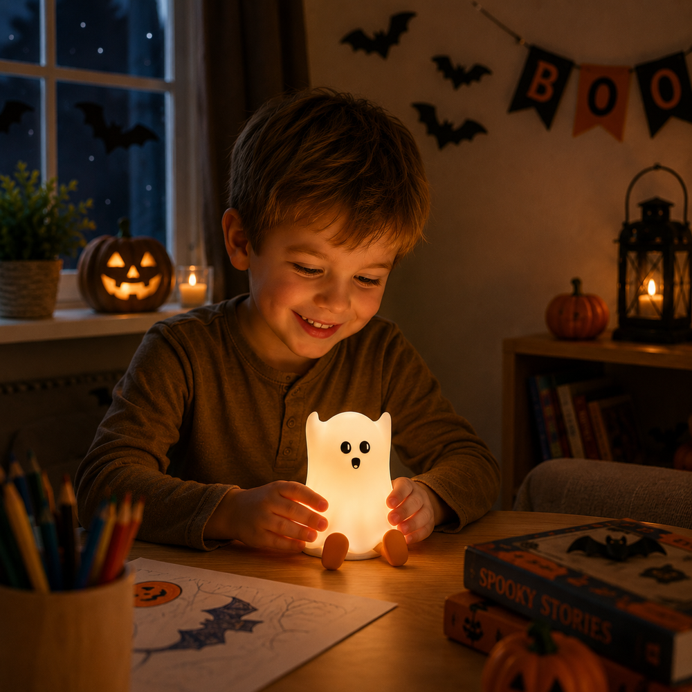 Child holding a glowing ghost night light at a desk decorated for Halloween