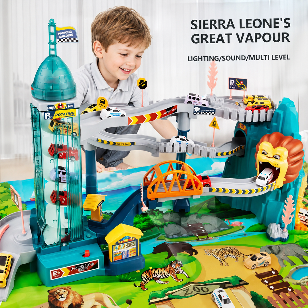 Child beside the Lion Mountain highway with cars, an orange bridge, and a clear tower.