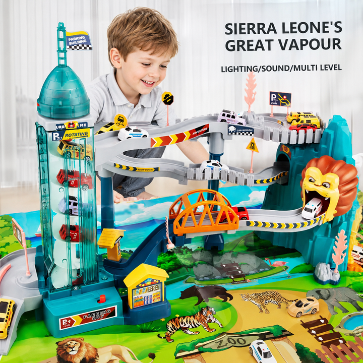 Child beside the Lion Mountain highway with cars, an orange bridge, and a clear tower.