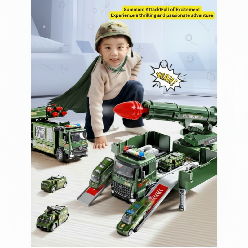 Child playing with an expanded green rocket-launcher toy truck and miniature vehicles