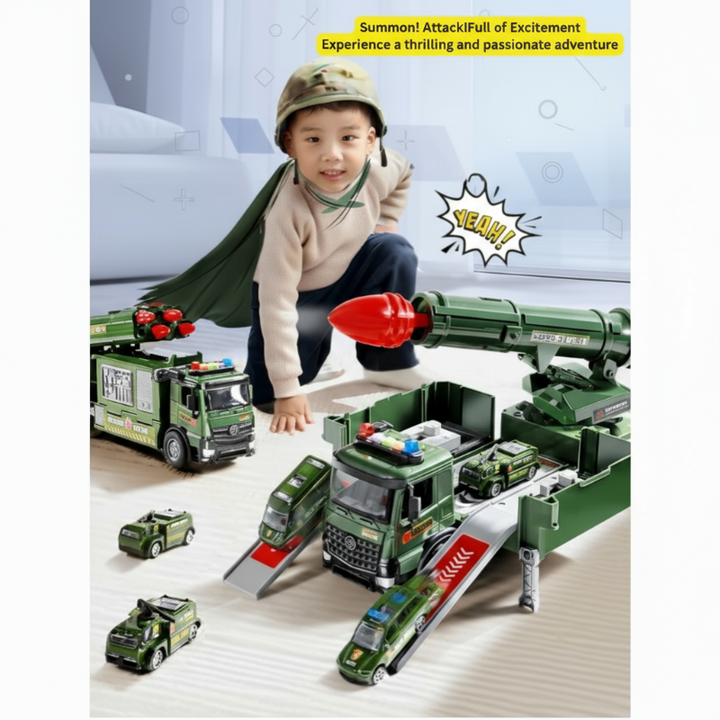 Child playing with an expanded green rocket-launcher toy truck and miniature vehicles