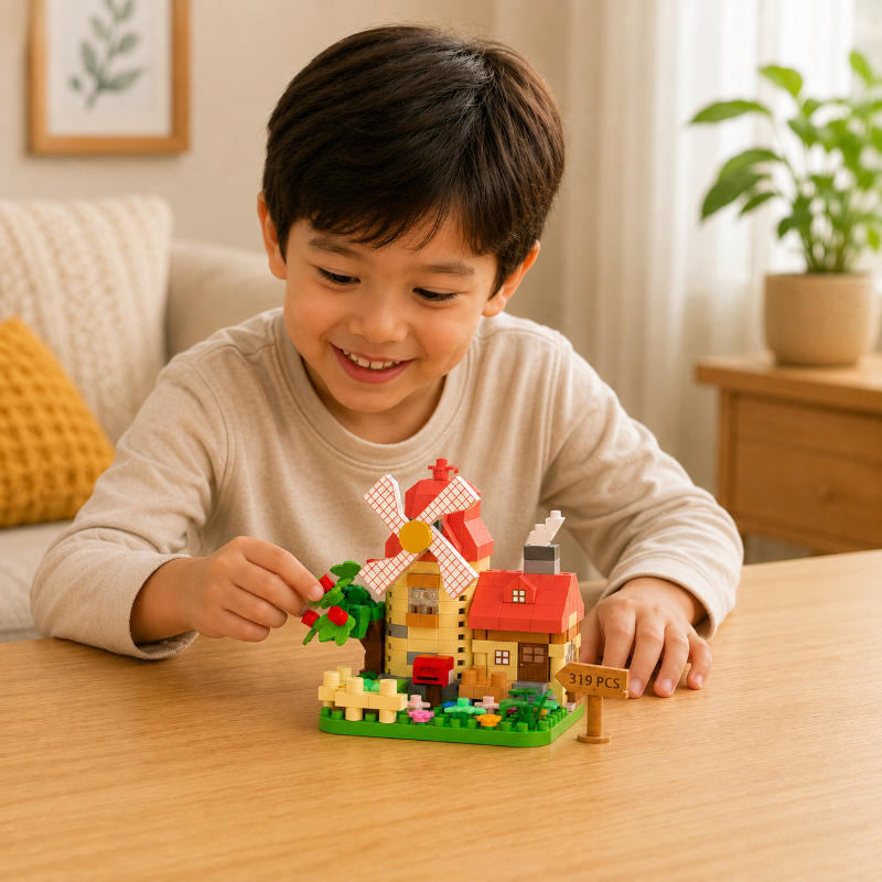 Child building a red-roof windmill model with an apple tree and garden details.