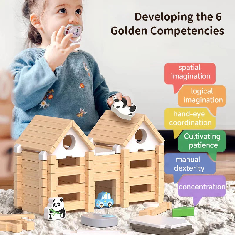 Child beside two block-built houses with people and animal figures