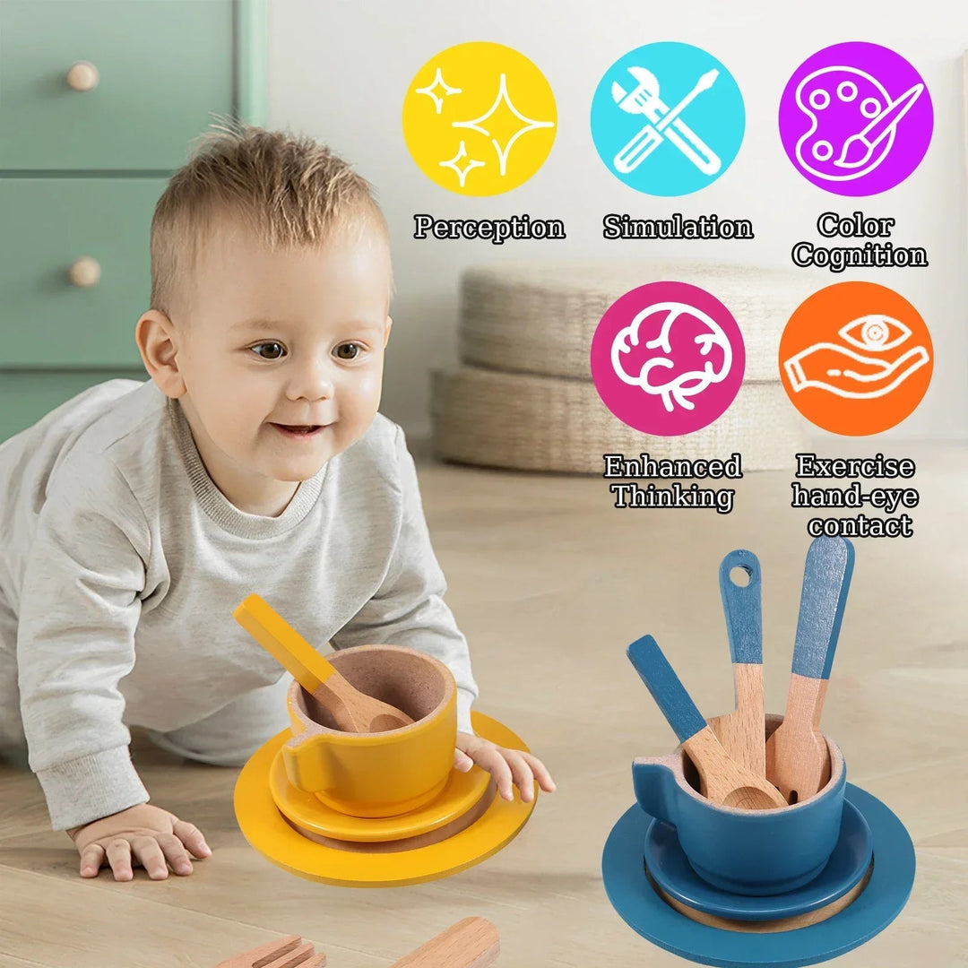Child beside wooden play cups and plates with yellow and blue utensils