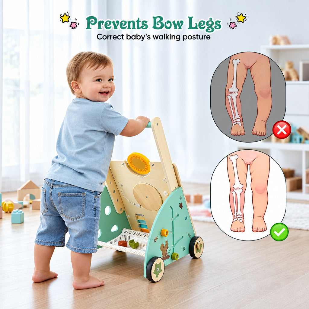 Child in a blue outfit holding the wooden walker on a hard floor.