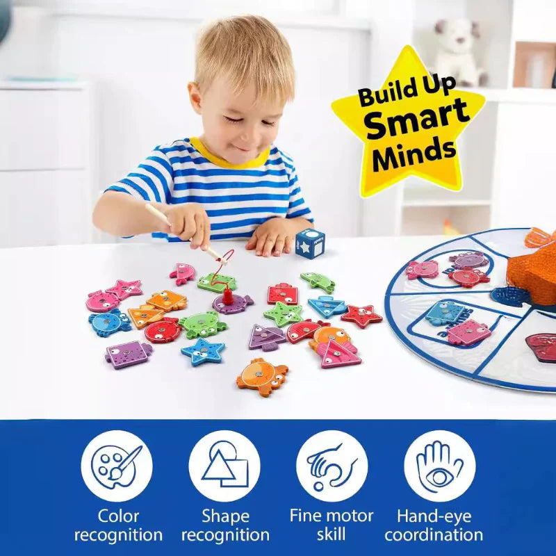 Child using a magnetic fishing rod with colorful wooden fish and a sorting mat