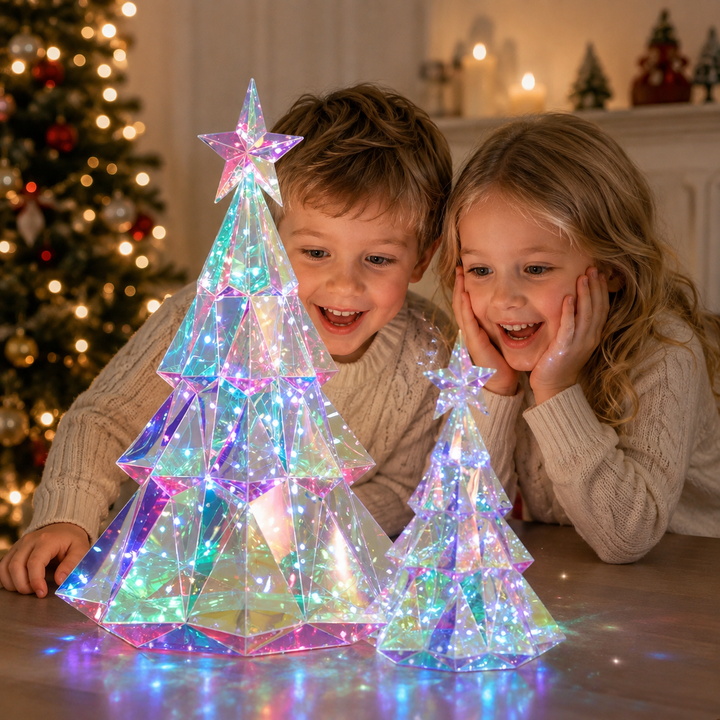 Two children looking at illuminated LED Christmas trees in two sizes on a table