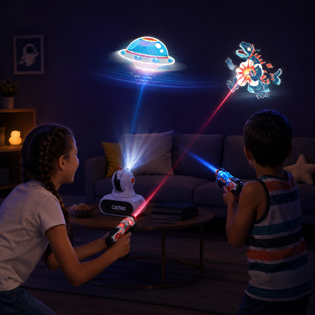 Two children aiming blasters at colorful projected targets in a dim living room.