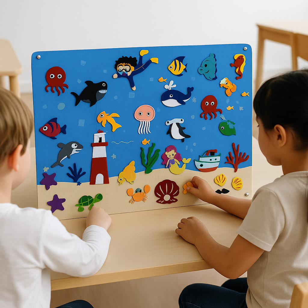 Two children arranging sea creatures on an underwater felt board