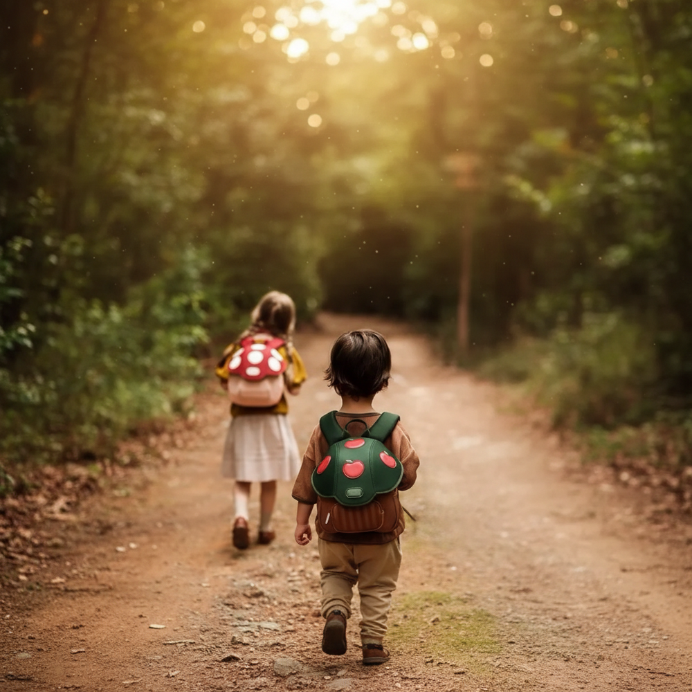 Two children wearing Mushroom and Apple Tree backpacks as they walk along a wooded path.