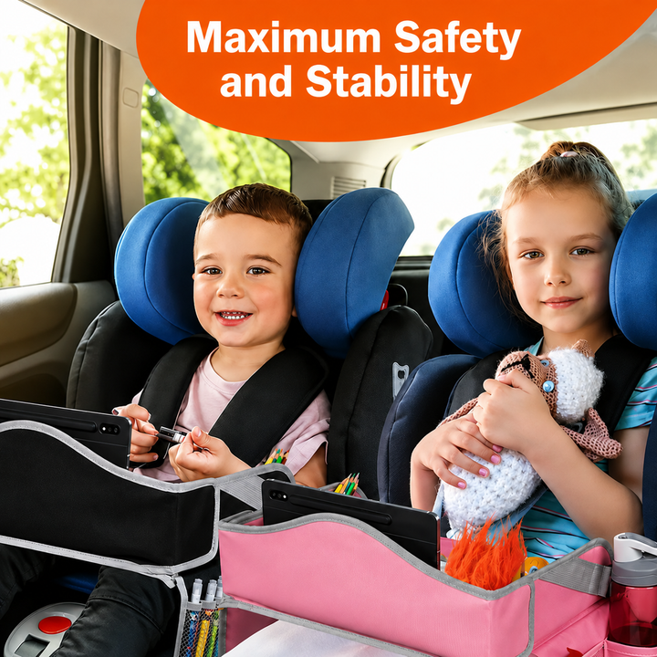 Two children in car seats with black and pink travel trays
