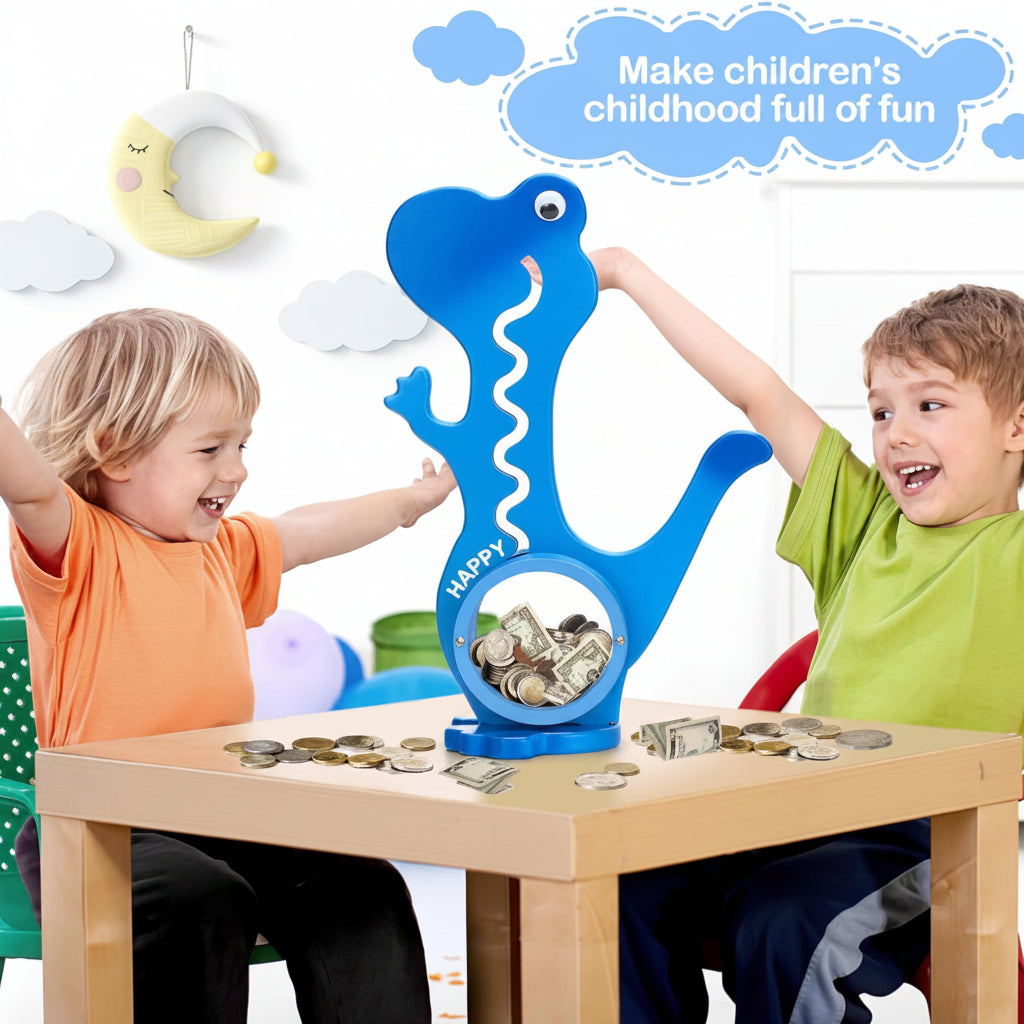 Two children beside a blue dinosaur piggy bank and scattered coins on a small wooden table