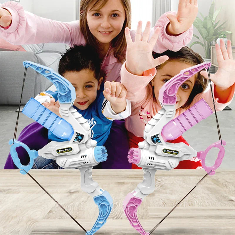 Three children behind blue-and-white and pink-and-white bow-shaped water toys