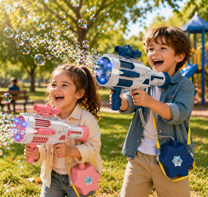 Children playing outdoors with blue and pink bubble guns and shoulder-carried reservoirs