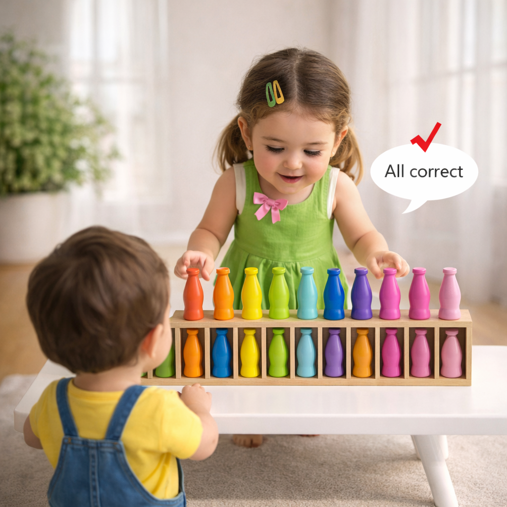 Two children matching colorful wooden bottle-shaped pieces on a compartmented rack