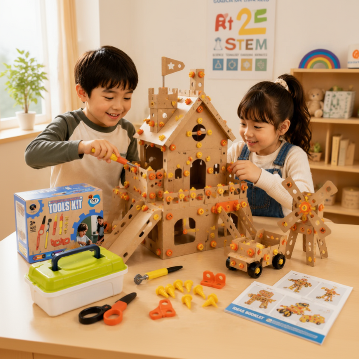 Two children assembling a cardboard castle with tools, screws, and connectors