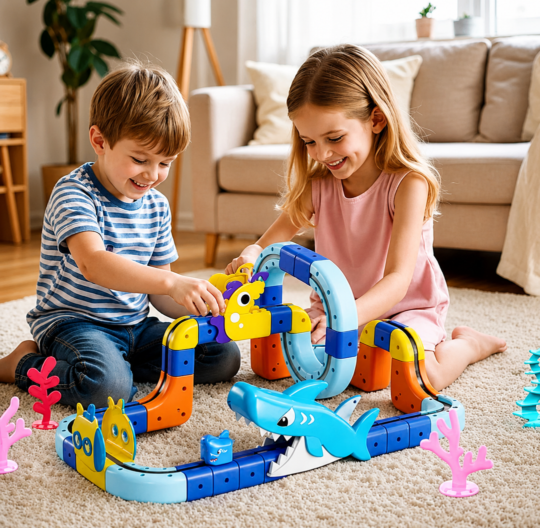 Two children building a colorful ocean-themed train track on a living room rug