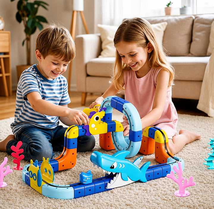 Two children building a colorful ocean-themed train track on a living room rug