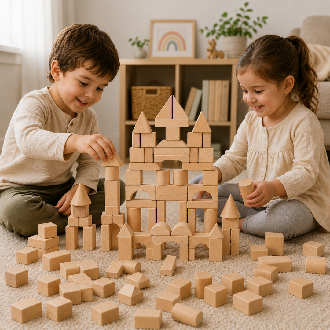Two children building a natural wooden block castle on a rug