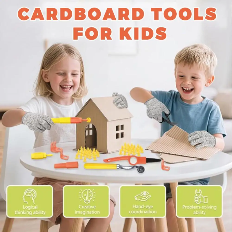 Two children working on a cardboard house with tools and gray gloves
