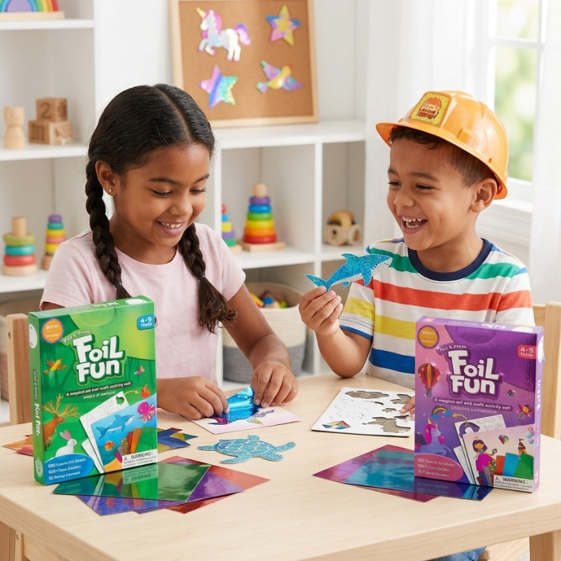 Two children making foil sticker pictures with the Animals and Unicorns &amp; Princesses craft kits