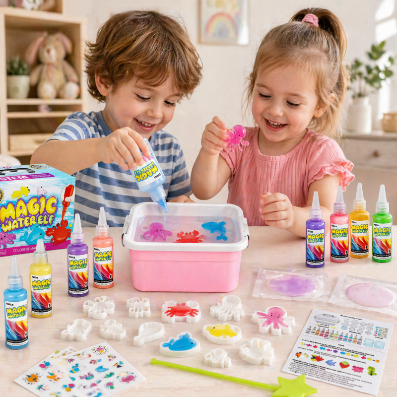 Two children making colorful gel shapes with molds and a pink storage container