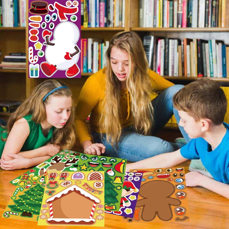 Three children working with Christmas character sticker sheets at a table