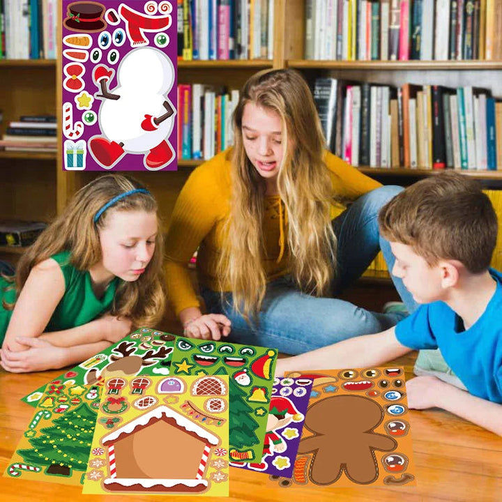 Three children working with Christmas character sticker sheets at a table