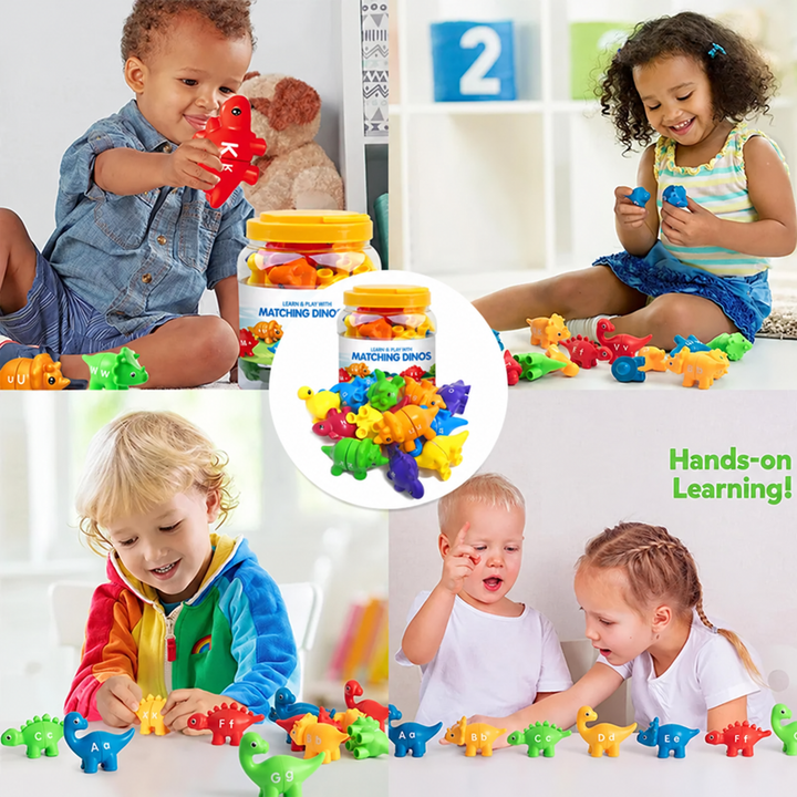 Children playing with colorful matching dinosaurs beside plastic storage buckets