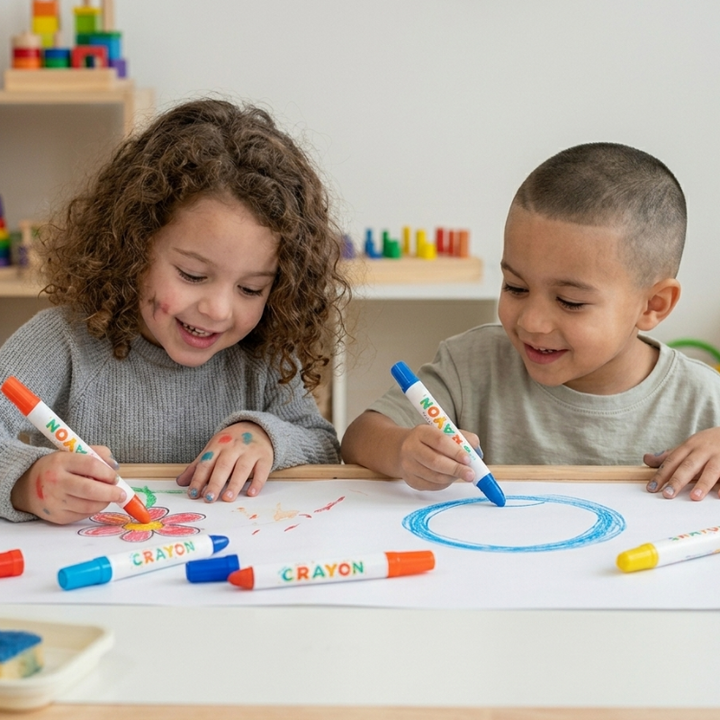 Two children drawing with orange and blue twist-up crayons at a table