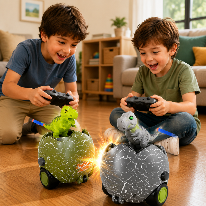 Two children using remotes to play with green and gray dinosaur egg cars indoors