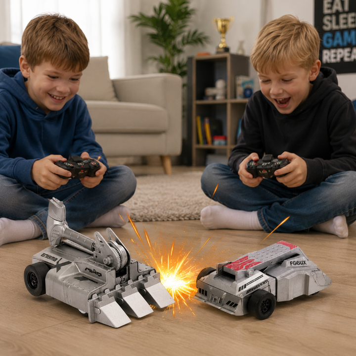 Two children holding controllers during an armored RC car match on a wood floor