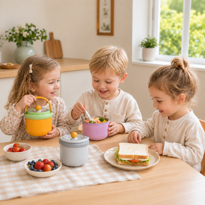 Three children eating together with yellow, pink, and gray lunch bowls.