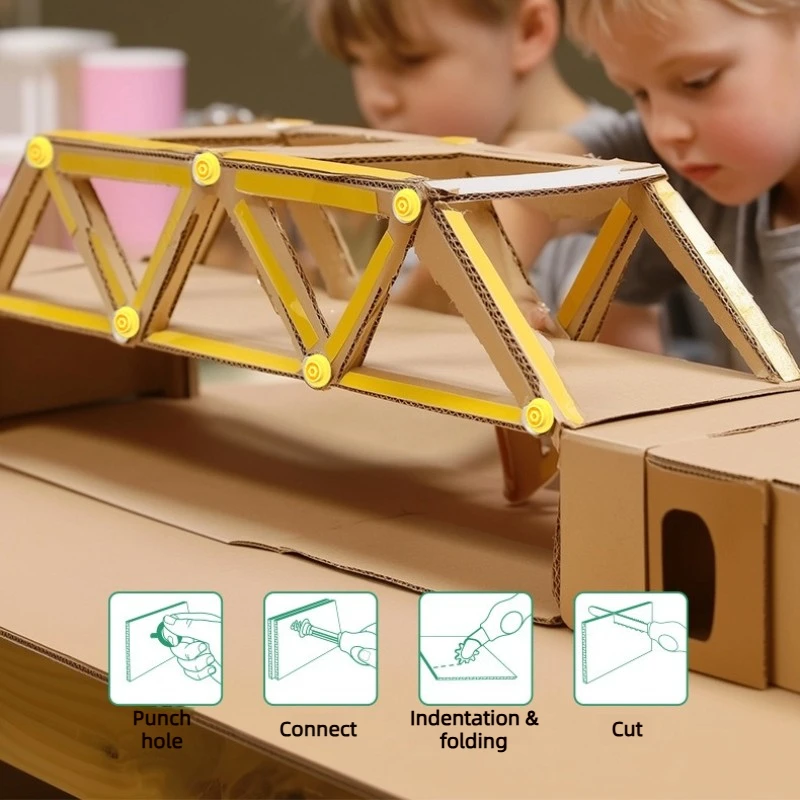 Two children examining a cardboard bridge assembled with yellow connectors and brackets