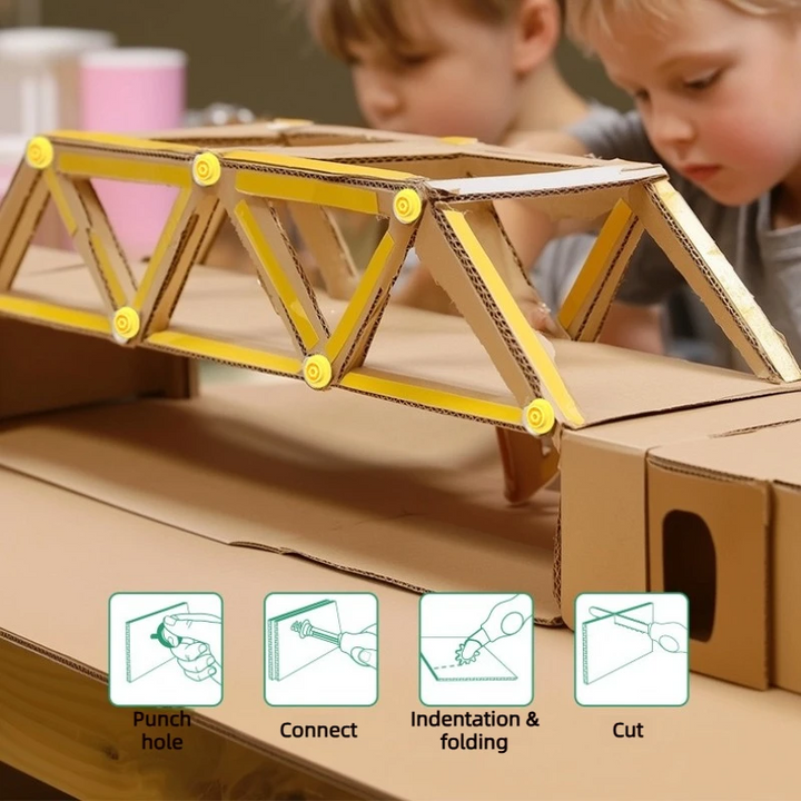 Two children examining a cardboard bridge assembled with yellow connectors and brackets