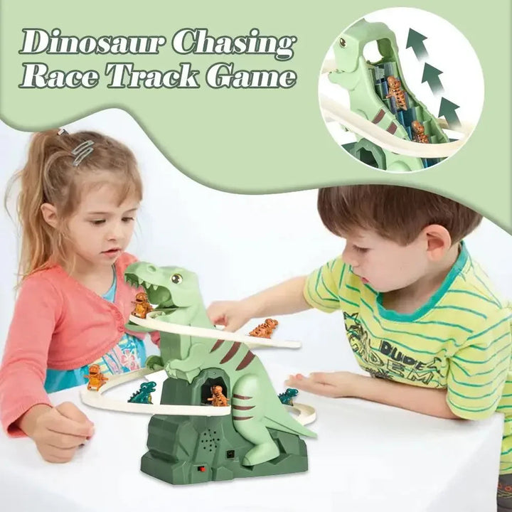 Two children exploring the dinosaur track playset, with an inset showing the climbing stairway