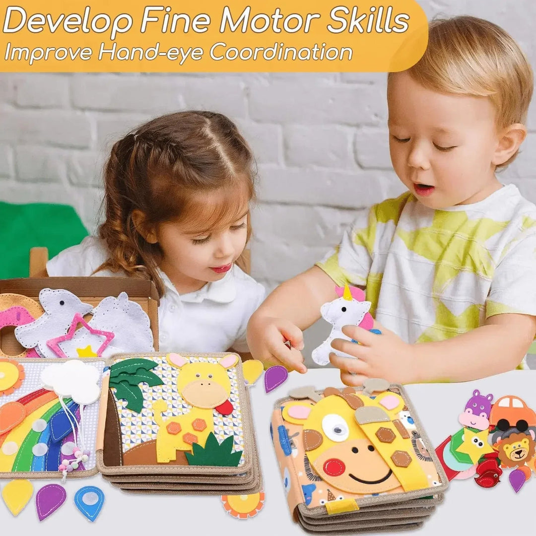 Two children exploring animal pieces and colorful pages in felt activity books