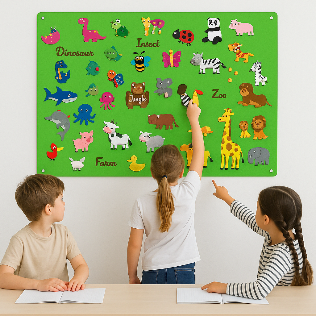 Three children exploring colorful animal pieces on a green felt board