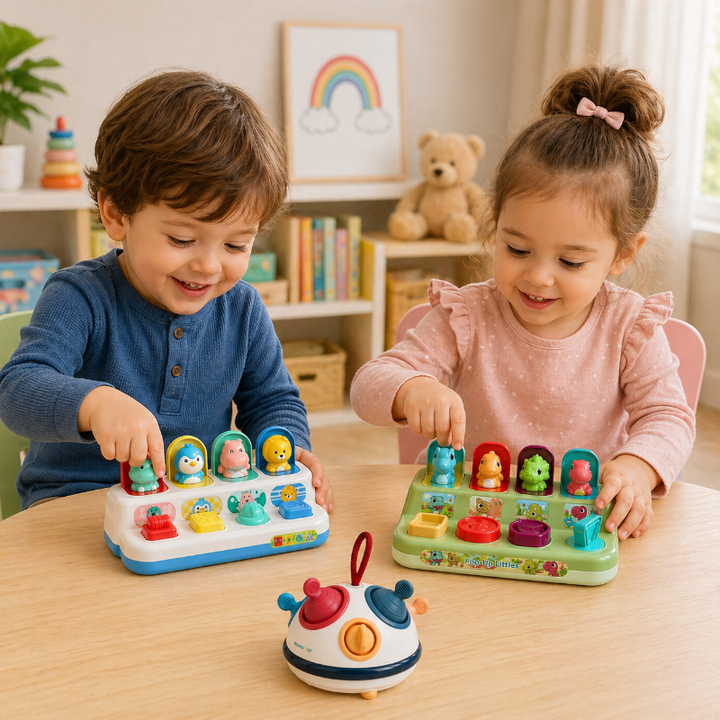 Two children exploring colorful pop-up activity toys at a table