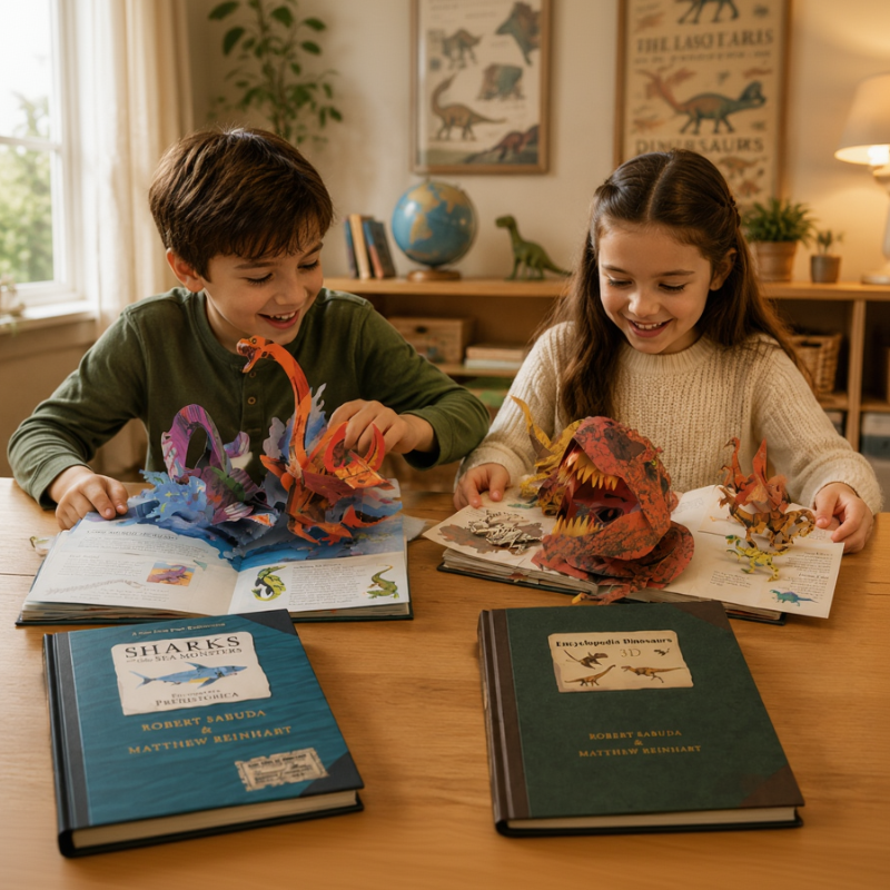 Two children exploring dinosaur and sea monster pop-up books at a table